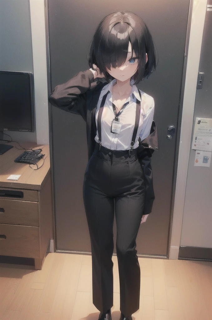 (((((shy girl))))), ((((shy posture)))), (((((1 Girl))))), (((standing up straight))), (((full body))), ((((flat chested)))), ((amber-colored irises on her eyes)), ((((Urabe Mikoto Mysterious Girlfriend X anime style haircut)))), ((((((((hair bangs over eyes)))))))), ((((eyes behind hair)))), (((black short messy bob-cut))), ((((((eyes not visible due to being covered by hair)))))), ((((eyes not visible due to be hidden by hair bangs)))), ((((black high-waist long slacks)))), ((black suspenders)), (((black tie))), (((women's dress shirt))), ((women's dress shoes)), (((20-year-old Office Lady))), ((((Office Setting)))), (((name tag labeled in English, "Kaiden")))