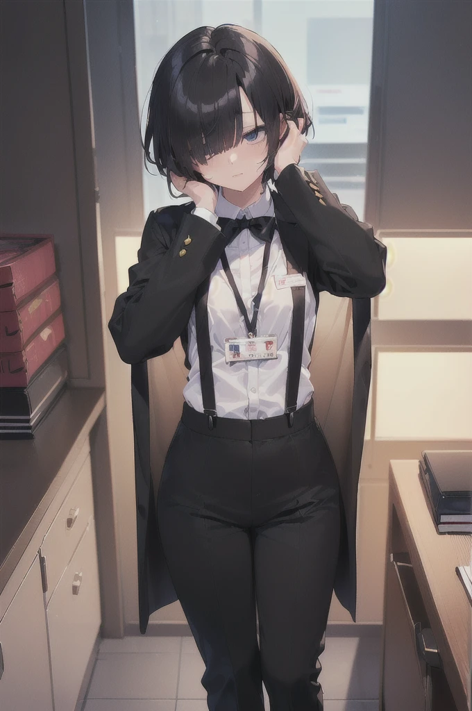 (((((shy girl))))), ((((shy posture)))), (((((1 Girl))))), (((standing up straight))), (((full body))), ((((flat chested)))), ((amber-colored irises on her eyes)), ((((Urabe Mikoto Mysterious Girlfriend X anime style haircut)))), ((((((((hair bangs over eyes)))))))), ((((eyes behind hair)))), (((black short messy bob-cut))), ((((((eyes not visible due to being covered by hair)))))), ((((eyes not visible due to be hidden by hair bangs)))), ((((black high-waist long slacks)))), ((black suspenders)), (((black tie))), (((women's dress shirt))), ((women's dress shoes)), (((20-year-old Office Lady))), ((((Office Setting)))), (((name tag labeled in English, "Kaiden")))