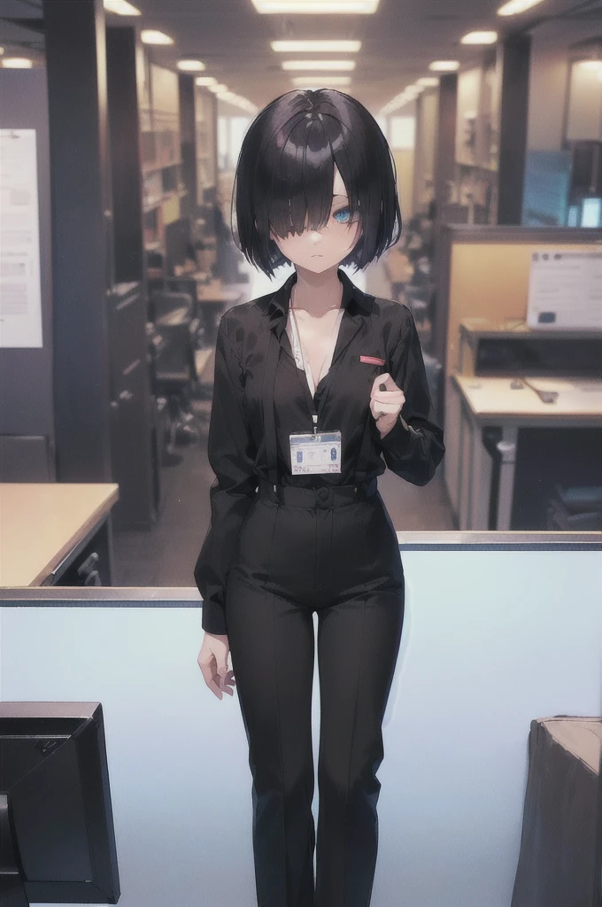 (((((shy girl))))), ((((shy posture)))), (((((1 Girl))))), (((standing up straight))), (((full body))), ((((flat chested)))), ((amber-colored irises on her eyes)), ((((Urabe Mikoto Mysterious Girlfriend X anime style haircut)))), ((((((((hair bangs over eyes)))))))), ((((eyes behind hair)))), (((black short messy bob-cut))), ((((((eyes not visible due to being covered by hair)))))), ((((eyes not visible due to be hidden by hair bangs)))), ((((black high-waist long slacks)))), ((black suspenders)), (((black tie))), (((women's dress shirt))), ((women's dress shoes)), (((20-year-old Office Lady))), ((((Office Setting)))), (((name tag labeled in English, "Kaiden")))