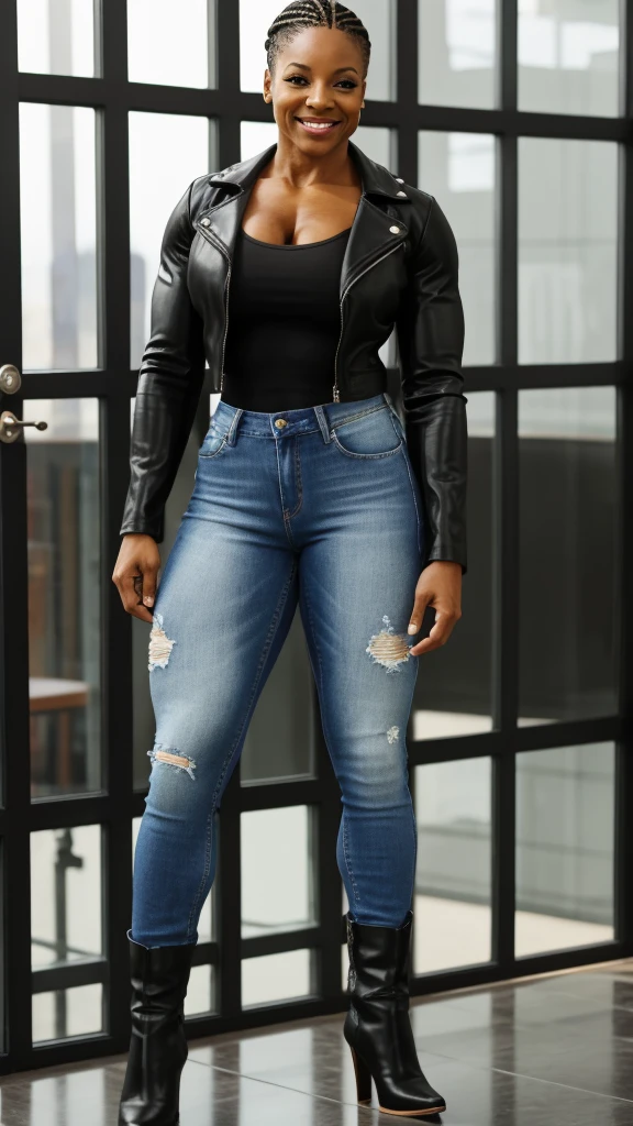 light skinned black woman, female bodybuilder, 60 year old, big muscles, smiling, standing in the boardroom next to glass window, tight denim pants, leather jacket, thin heels boots, knee high boots, (((full body shots)))