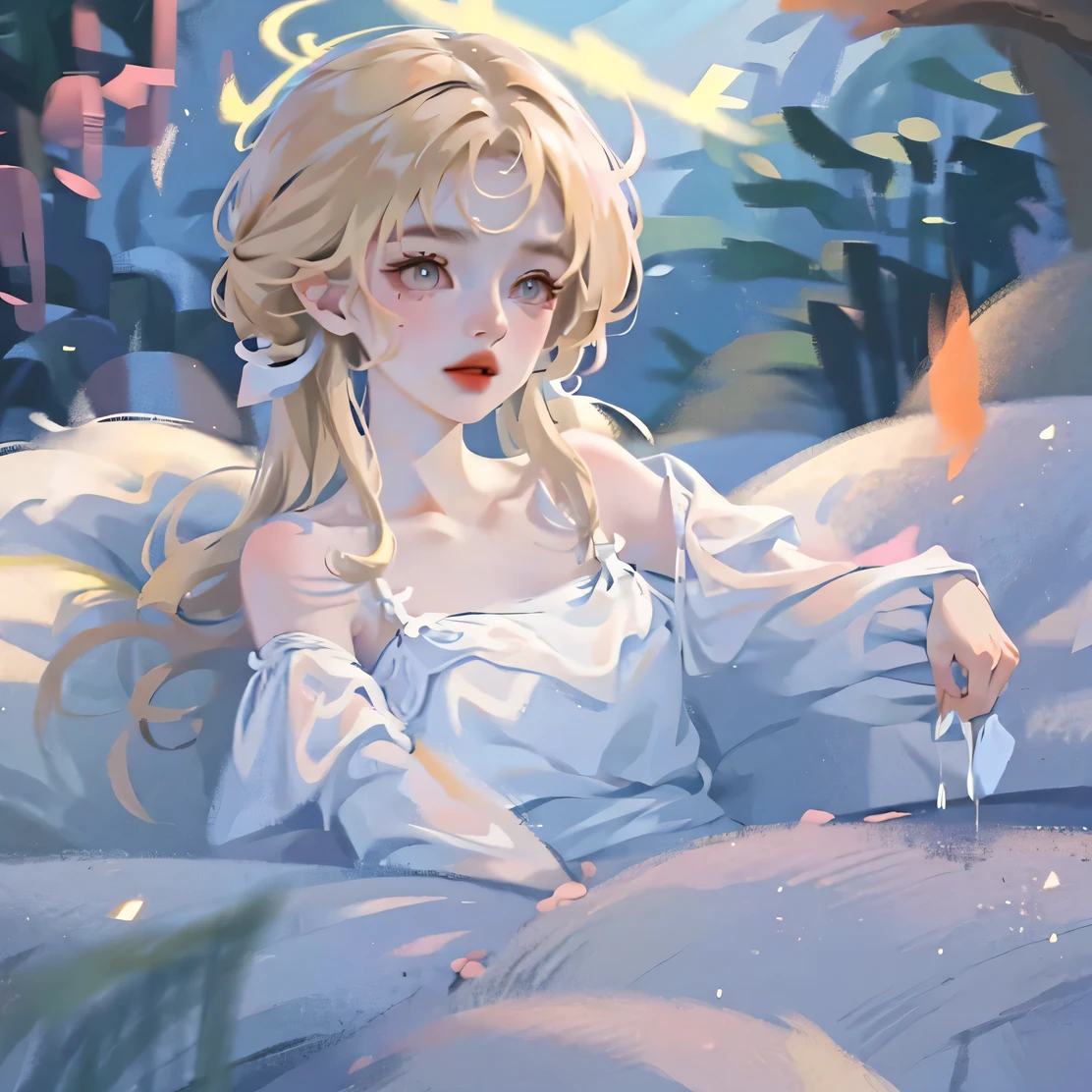 (High quality) (best quality) (A woman) (correct physiognomy) (best quality, 4k, 8K, high resolution, masterpiece: 1.2) woman, Extremely beautiful, Around 20 years old, long blonde hair with bangs on the back front, four small angel wings emerge from her head, two on the left side and two on the right side, two angel wings coming out of her back, a golden halo behind her head, golden eyes, sensitive lips, middle age, white dress with straps on the shoulders, skirt cut diagonally leaving one leg exposed, soft facial features, fine eyebrows, soft skin, slightly rosy cheeks, pink lips, silky eyelashes, dreamy expression, photo location the woman must be in a pond with water and fish in the middle of the forest, photo illuminated by sunlight, full body proportion, showing in the photo the body from head to torso