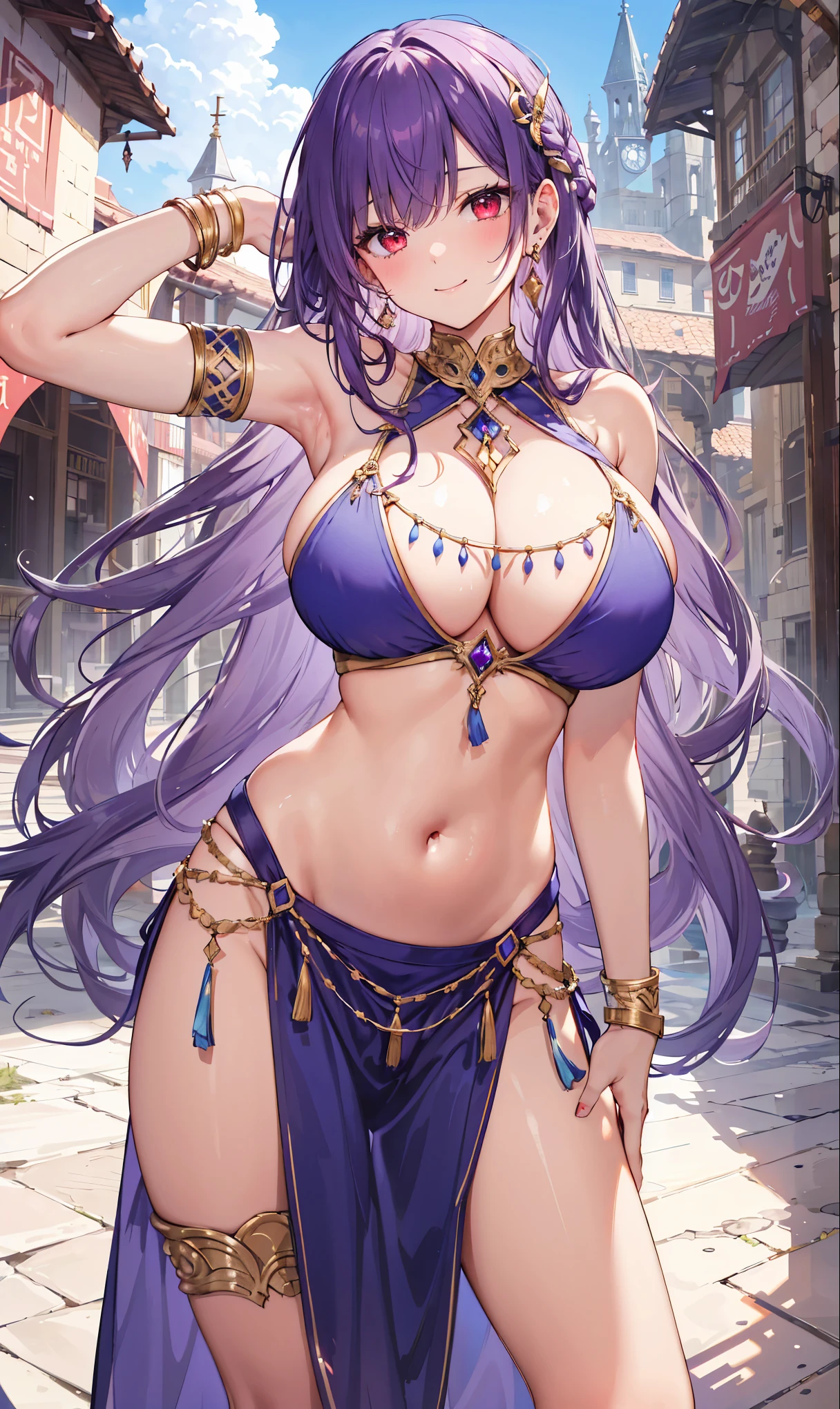 high quality, ultra detailed, best quality, ly detailed, beautiful, masterpiece, 1girl, medieval plaza, cowboy shot, red eyes, long hair, purple hair, belly dancer, circlet, earrings, armlets, bracelets, bashful smile, large breasts, cleavage, soft stomach