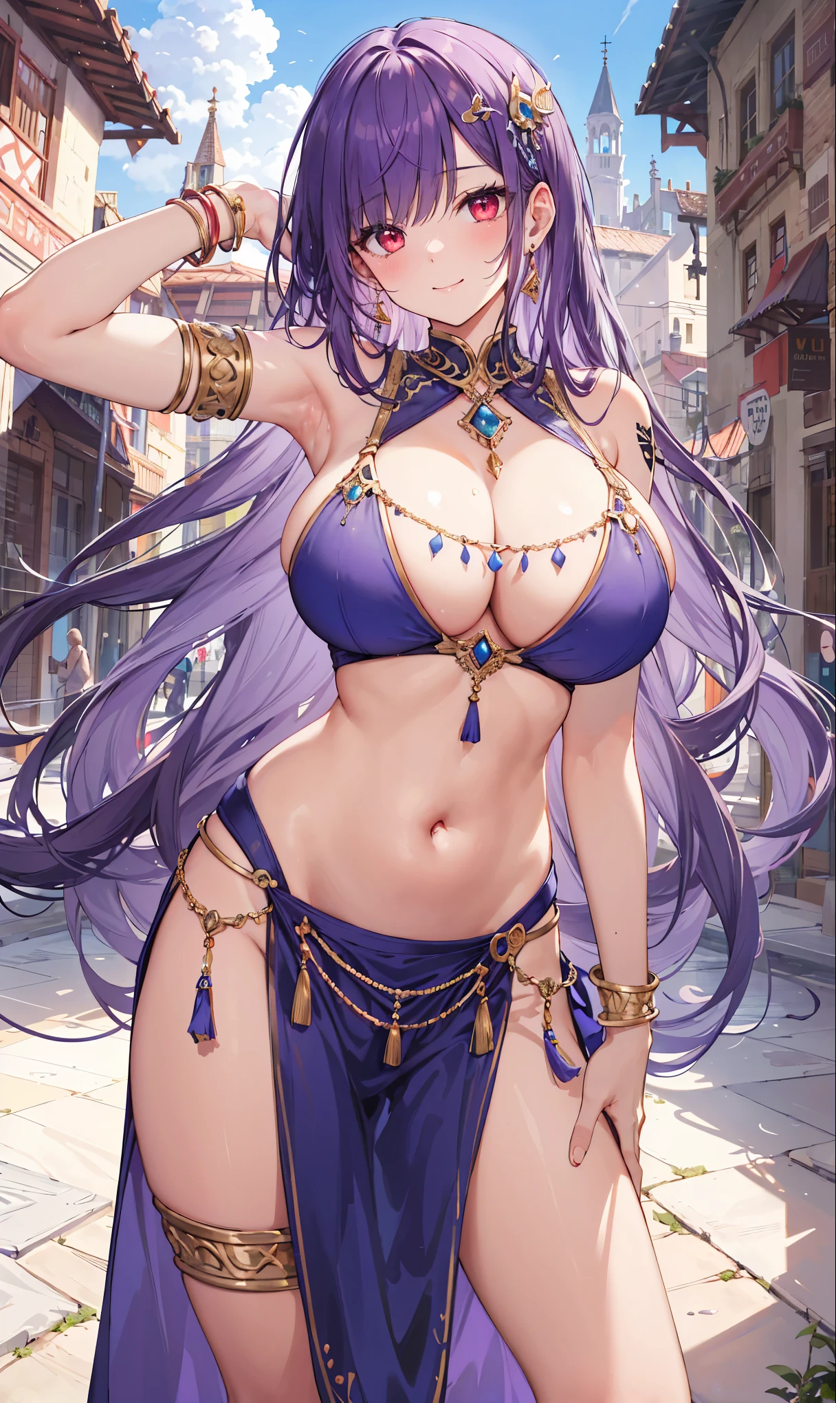 high quality, ultra detailed, best quality, insanely detailed, beautiful, masterpiece, 1girl, medieval plaza, cowboy shot, red eyes, long hair, purple hair, belly dancer, circlet, earrings, armlets, bracelets, bashful smile, large breasts, cleavage, soft stomach