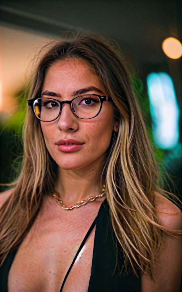 a beautiful 23-year-old woman, light brunette, Nahaufnahme, Girl Next Door, schlaffe Kleider, bilden, Lippen, Glasses, Nacht, Zerzaustes Haar, Filmkorn, retro, 160 Farbhalter, gedreht mit ARRI ALEXA 65, scharfer Fokus auf das Motiv, Fujifilm XT-3