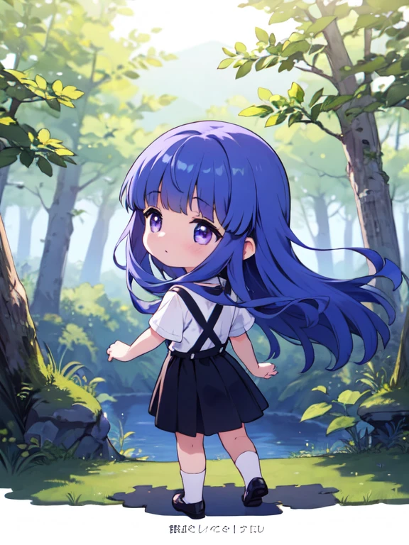 ((Back view)),One girl, (furude rika), chibi, , blue hair, purple eyes, long hair, blunt bangs, bangs, white shirt, suspenders, black skirt, 自然の中でBack viewを描いてください。Forest or lakeside、Mountain tops etc.、Place the figures in a situation that blends in with nature.。