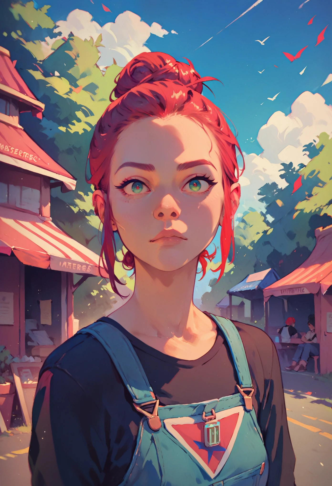 ((red hair)), green eyes, half bun hair, bust, ((curious look)), ((masterpiece)), ((detailed)), ((black shirt)), ((blue jeans)), ((best quality)), ((outside)), small breasts, ((bright)), (pretty eyes), looking at viewer