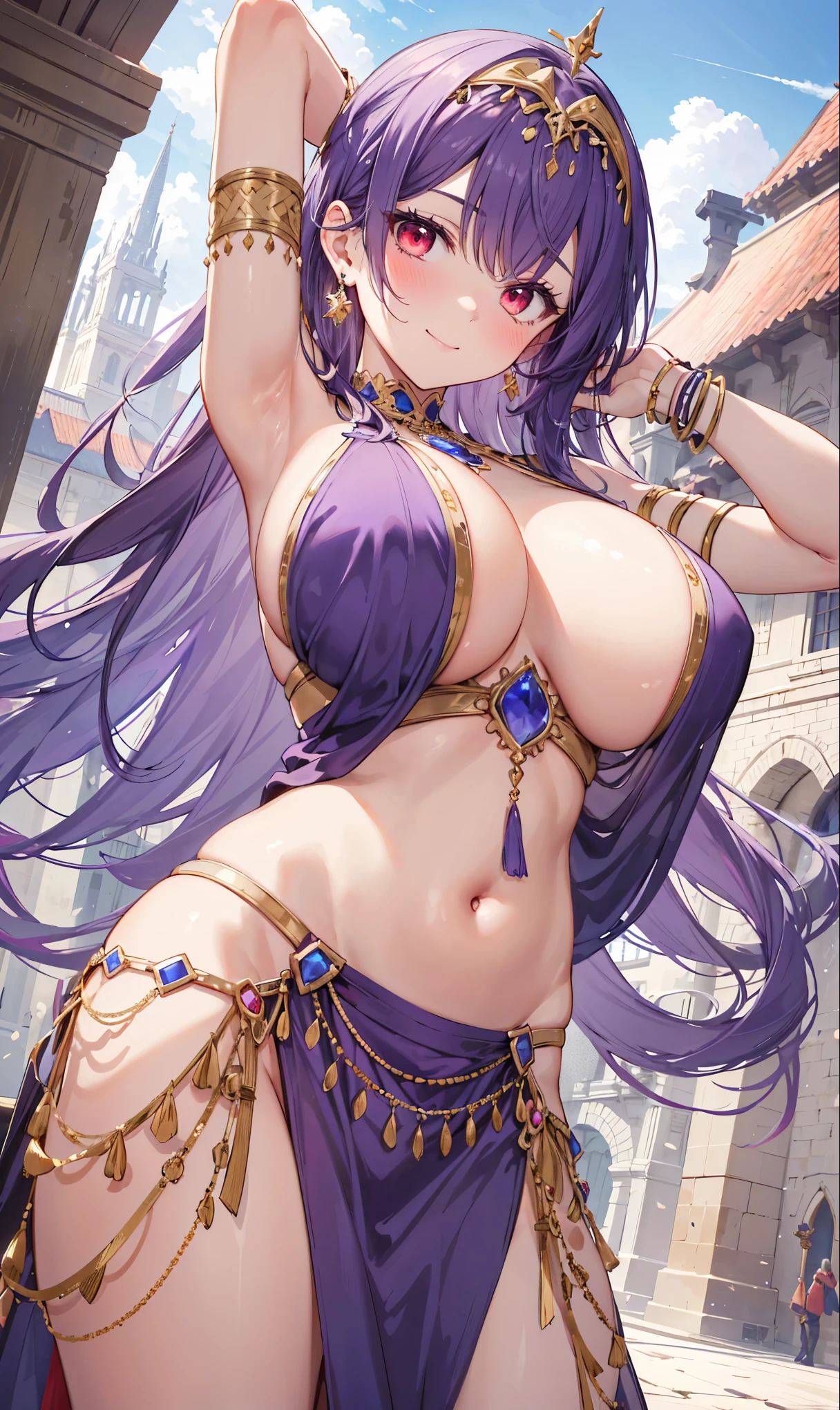 high quality, ultra detailed, best quality, insanely detailed, beautiful, masterpiece, 1girl, medieval plaza, cowboy shot, red eyes, long hair, purple hair, belly dancer, circlet, earrings, armlets, bracelets, bashful smile, large breasts, cleavage, soft stomach