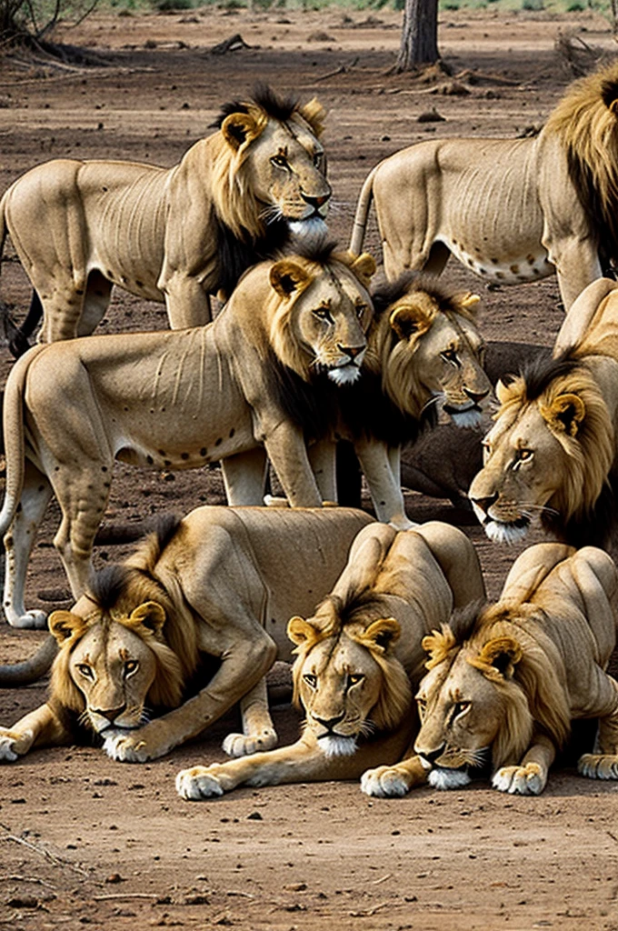 A group of lions eating meat 