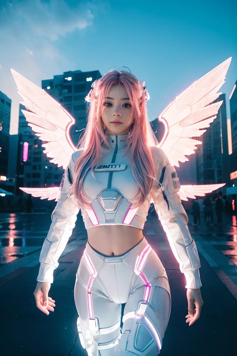 ((masterpiece, best quality, extremely detailed), volumetric lighting, ambient occlusion, colorful, glowing),
1girl, solo, young girl, (pink hair), long hair, halo, aura, sacred, godness, cyber suit, (white outfit:1.3), android, bot, angel wings,
outdoors, sunset, sky, clouds, space, (cyberpunk theme:1.2),