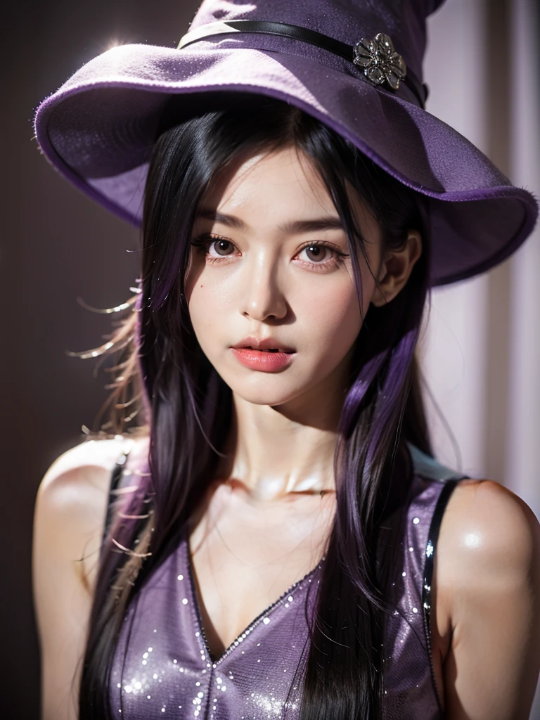 1girl, purple hair, purple witch hat, purple witch dress, portrait