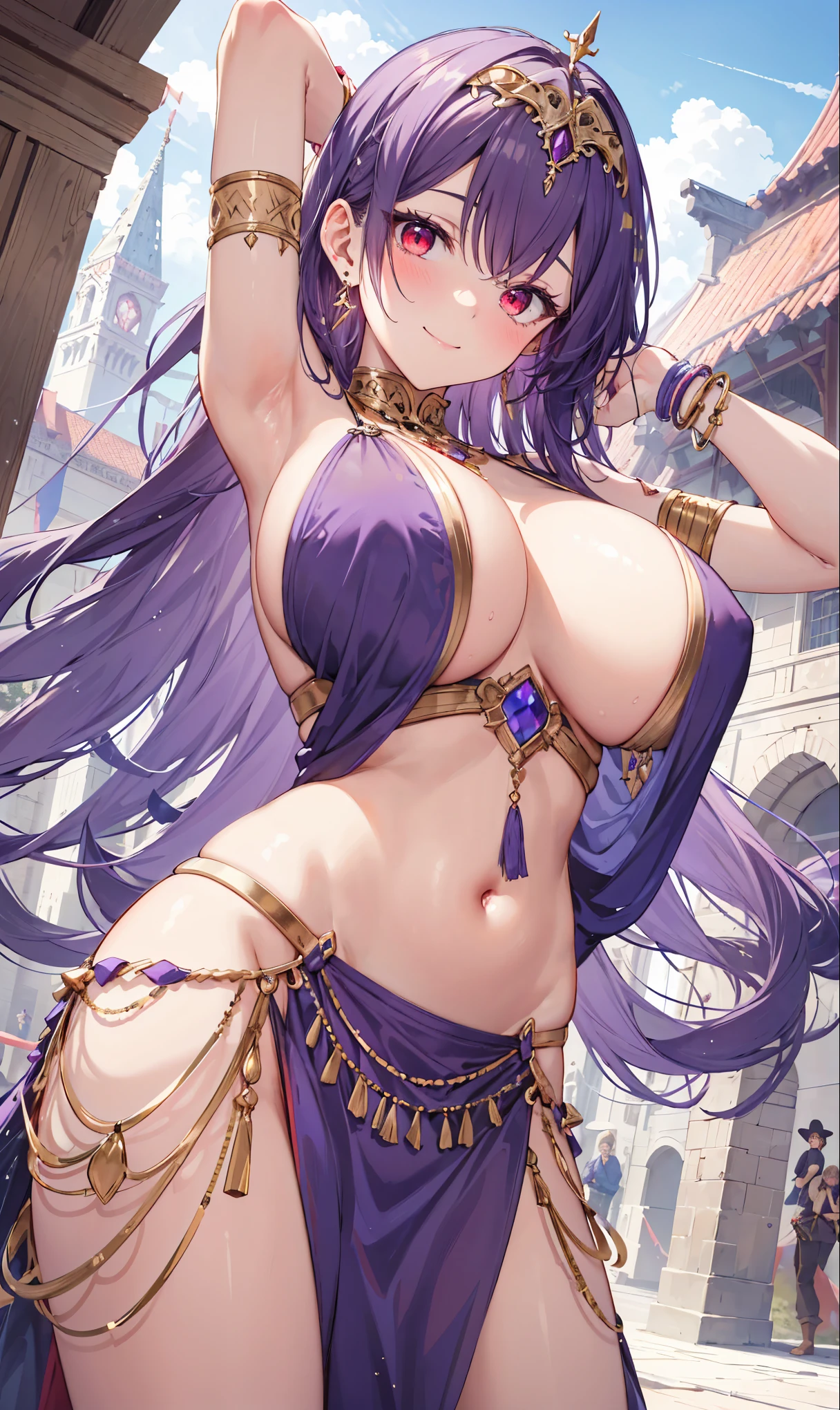 high quality, ultra detailed, best quality, insanely detailed, beautiful, masterpiece, 1girl, medieval plaza, cowboy shot, red eyes, long hair, purple hair, belly dancer, circlet, earrings, armlets, bracelets, bashful smile, large breasts, cleavage, soft stomach