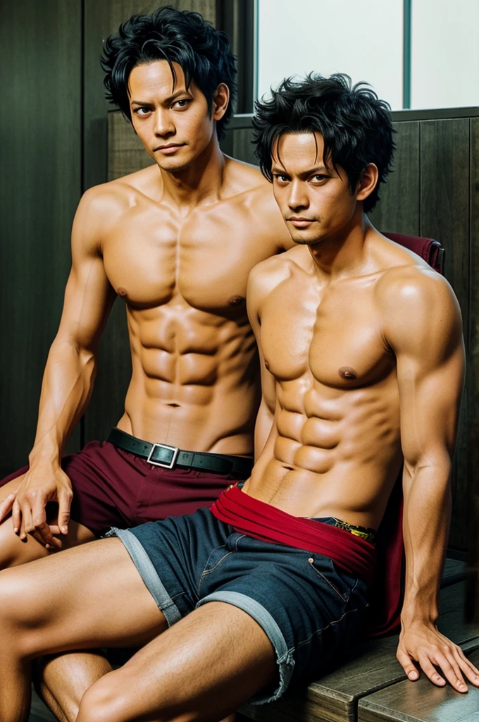 Luffy sitting with zoro