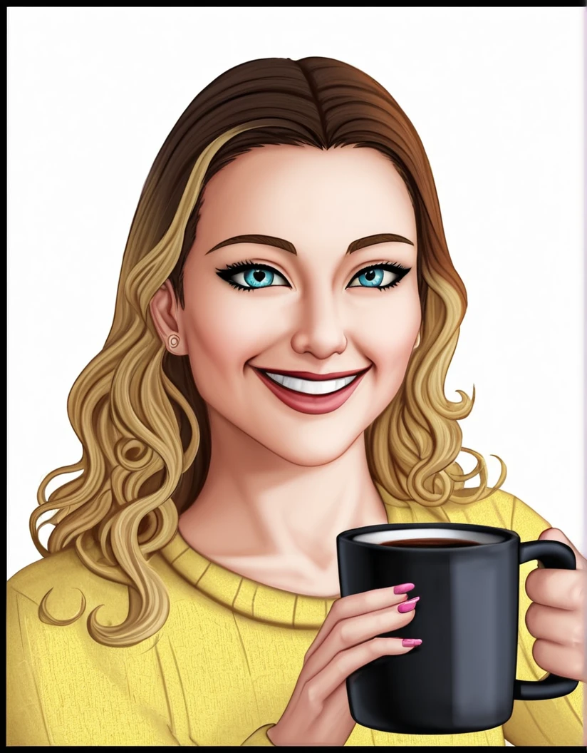 Cute beautiful blonde with yellow sweater (Drinking coffee in a modern café at sunset), sehr detailliert, 14 Jahre alt, unschuldiges Gesicht, naturally wavy hair, blaue Augen, high-res, Meisterwerk, best qulaity, komplizierte Details, sehr detailliert, scharf Fokus, detaillierte Haut, realistische Hauttextur, Textur, detaillierte Augen, professionell, 4k, charming smile, aufgenommen mit Canon, 85 mm, light depth of field, Kodak Vision-Farbe, perfectly fitting body, extrem detailliert, Foto_\(ultra\), fotorealistisch, realistisch, Nachbearbeitung, maximale Details, Rauheit, echtes Leben, ultrarealistisch, Fotorealismus, Fotografie, 8k uhd, Fotografie