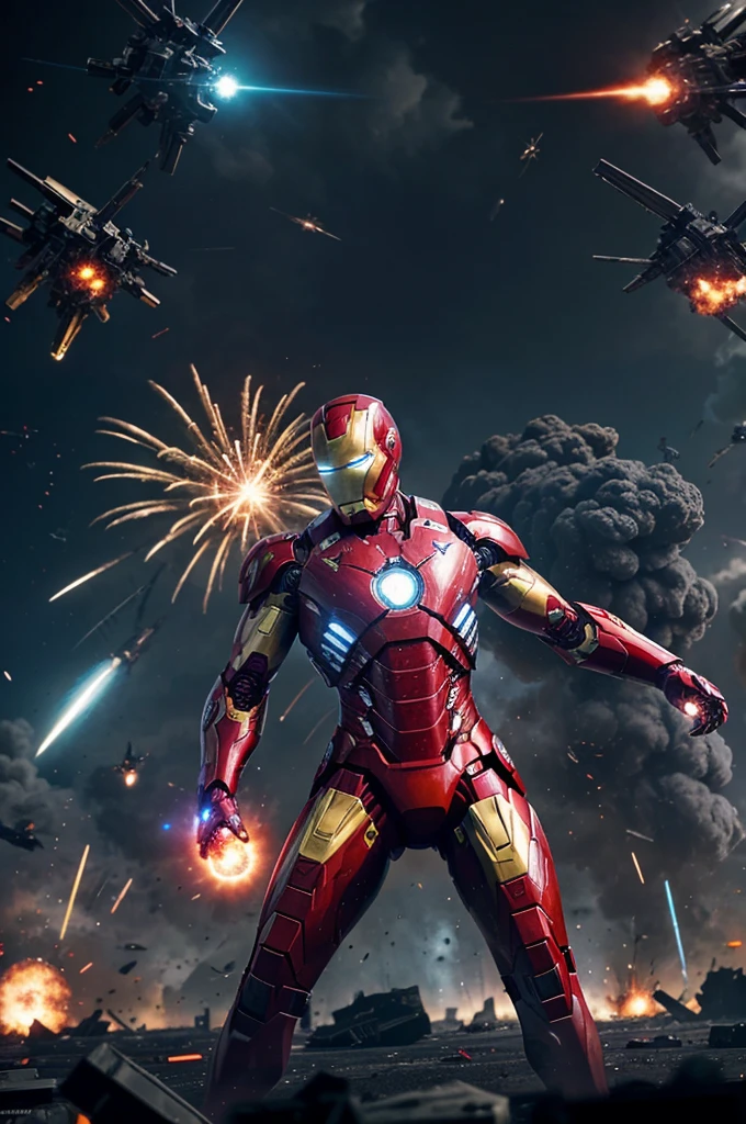 Picture 1: Battlefield Chaos"A chaotic futuristic battlefield with explosions and debris flying. Iron Man is in the center, surrounded by enemies. Holographic interfaces of JARVIS are visible, showing signs of corruption and fragmentation."