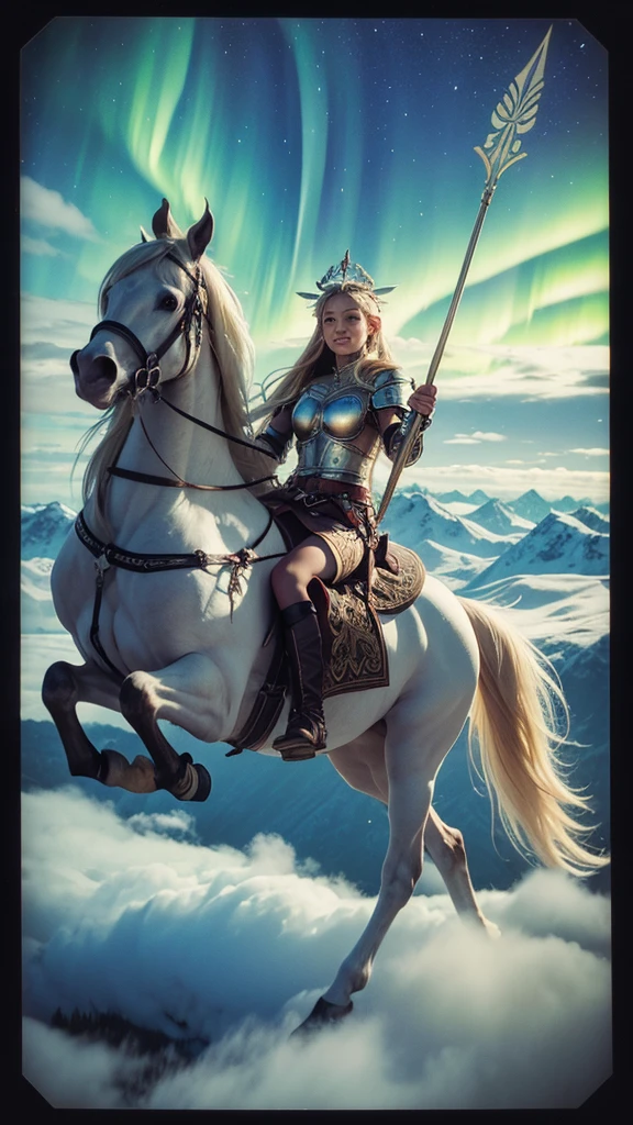 Pegasus mounted VIKING,
FLYING HIGH IN the SKY portrait of a fit teenaged model as Valkyrie, winged/horse Pegasus, flying above over ruins of a smoldering Viking battlefield, blond braids fling wildly, carrying a long pointed oak spear, looking down from above she swoops in from out of clouds,
wearing shining ornate Viking runes shield and armor, up above a majestic northern lights shimmering, Scandinavian woodland backdrop, detailed, candid moment, vintage Polaroid camera, photorealistic
