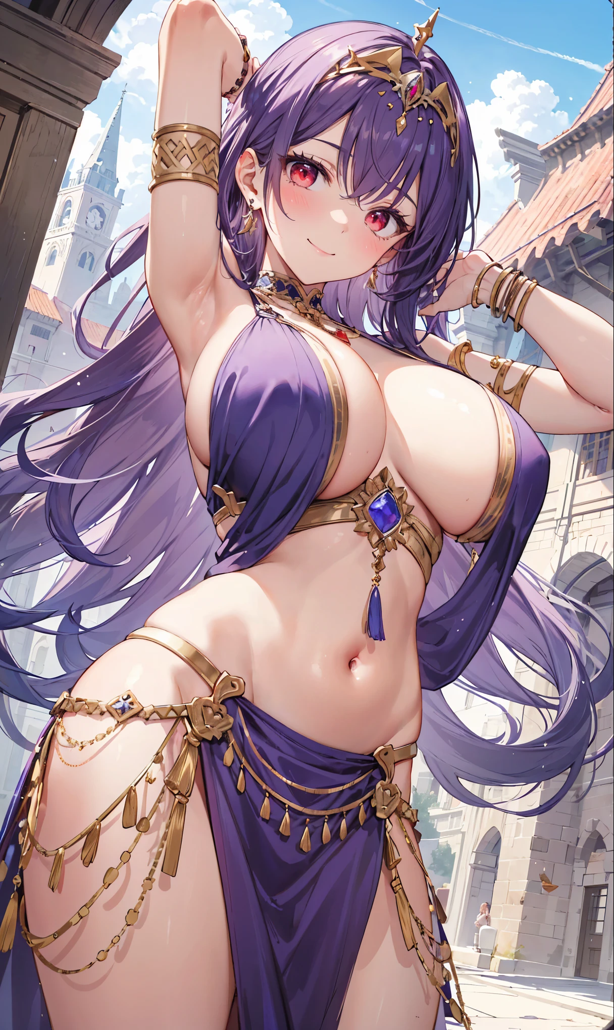 high quality, ultra detailed, best quality, insanely detailed, beautiful, masterpiece, 1girl, medieval plaza, cowboy shot, red eyes, long hair, purple hair, belly dancer, circlet, earrings, armlets, bracelets, bashful smile, large breasts, cleavage, soft stomach