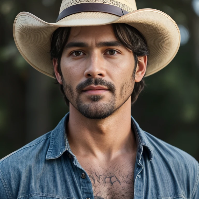man,hero,32 years old,Wear a hunting shirt,Wearing a cowboy hat.,full body view, Special handsome face, Front focus on the camera,  short beard, black hair ((tan skin)), ((pearl skin)), (((full body))), Olsen01, ((Looking at the camera)), portrait of ((Remarkably charming)) man ((perfect male face)), complicated, 8k, Highly detailed, (Very detailed CG unity 8k wallpaper.), ((square jaw)), (well defined jaw), (depressed lips), (??????? details),