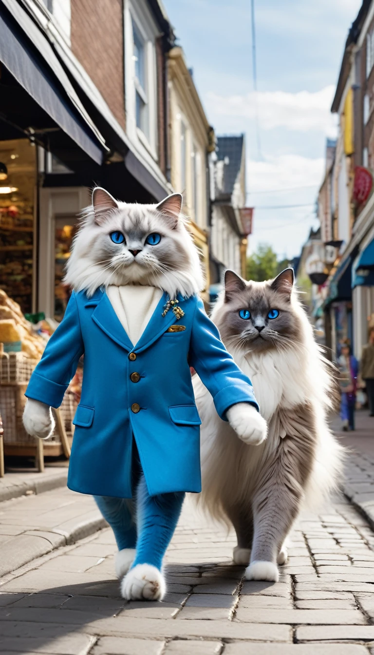 Anthropomorphic cat,Two animal legs,A male blue cat and a female ragdoll cat walking hand in hand on the street,Many shops and passers-by in the background