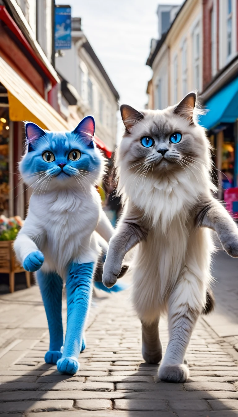 Anthropomorphic cat,Two animal legs,A male blue cat and a female ragdoll cat walking hand in hand on the street,Many shops and passers-by in the background