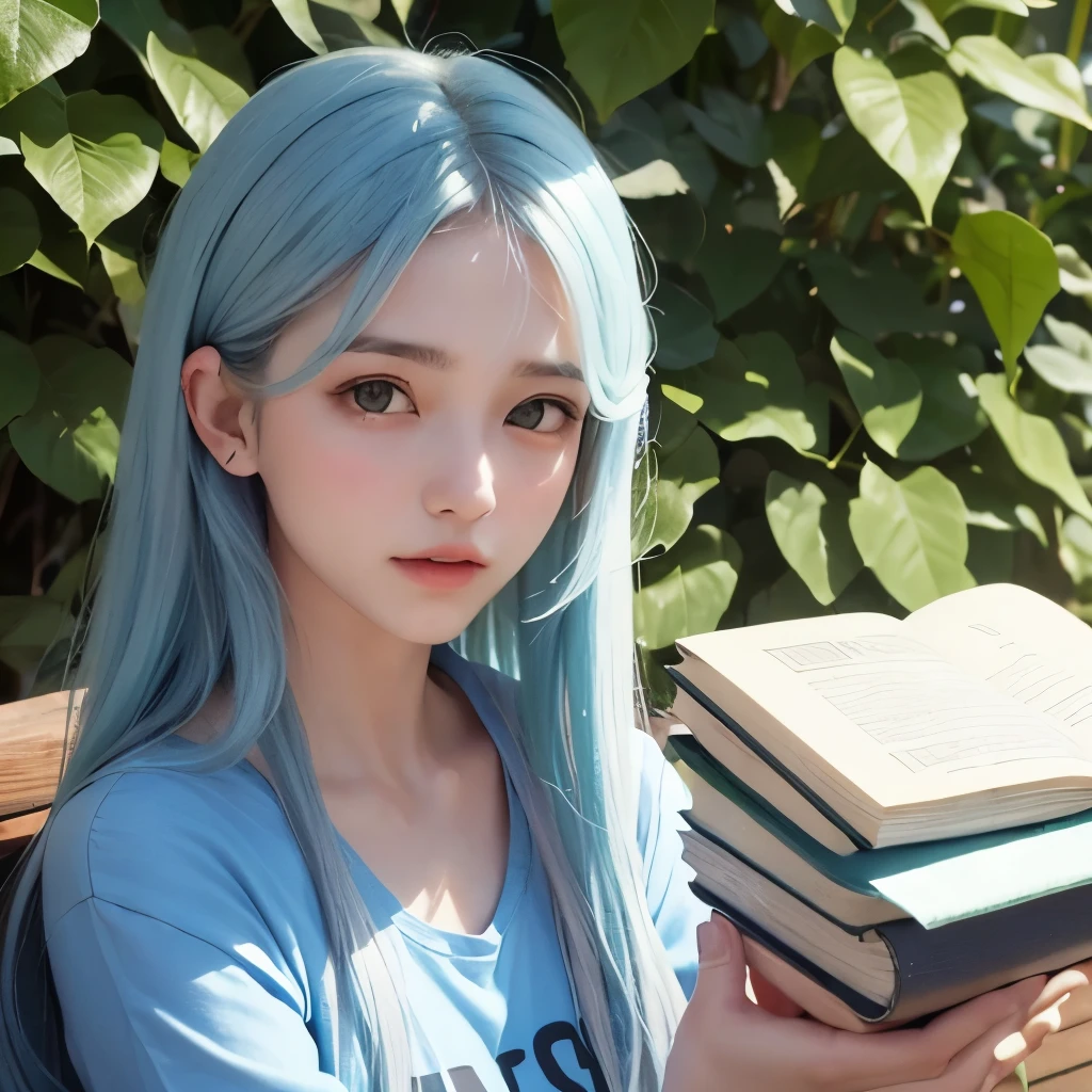 uma garota de cabelos castanhos claros, with green eyes and a white face with slight rosacea, holding books with arms... vestindo jeans azul acizentado, camiseta de rock larga e all Stars roxo quase vinho. Ela tem cabelos longos que chegam a cair um pouco em seu rosto, even though she doesn&#39;t have bangs.