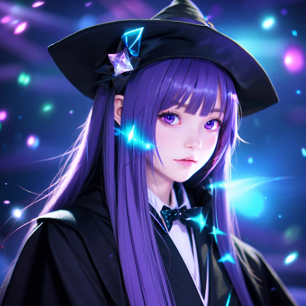 anime girl  long purple hair wearing a black  Robe. she has pointy ears. Witch Hat. Manga kawaii. iridescent,Illust