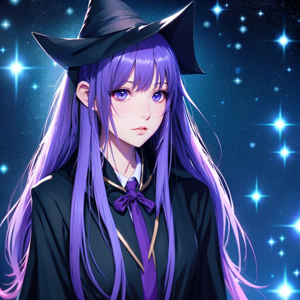 anime girl long purple hair wearing a black Robe. she has pointy ears. Witch Hat. Manga kawaii. iridescent,Illust