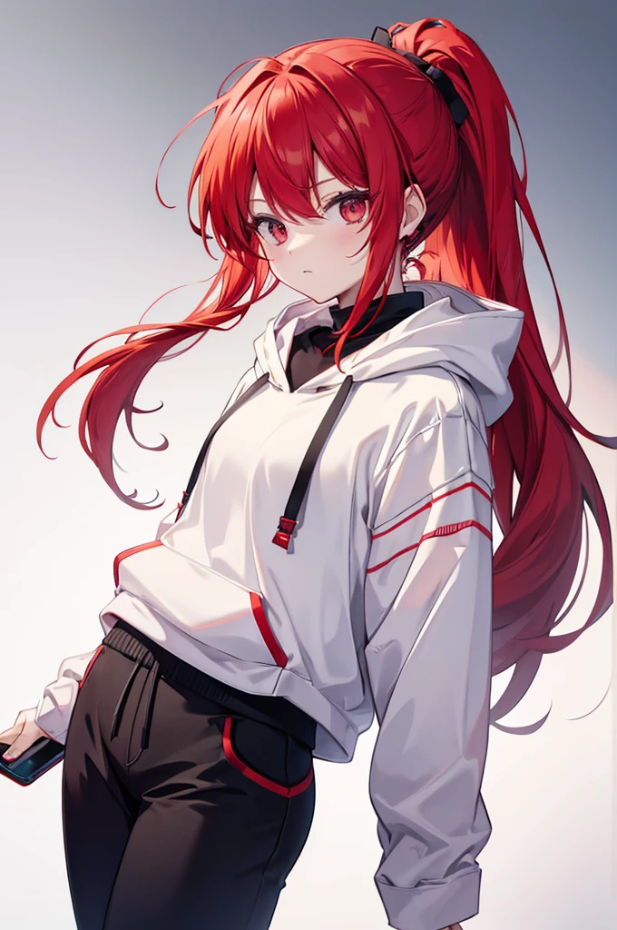 1 person, red hair, ponytail, red odd eye, White Hoodie, black pants