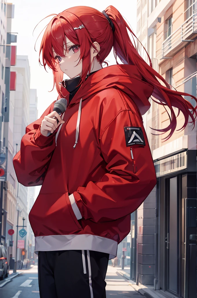 1 person, red hair, ponytail, red odd eye, White Hoodie, black pants