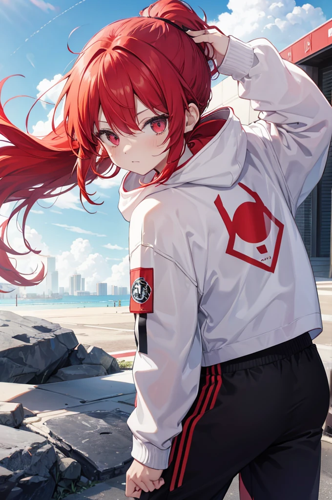 1 person, red hair, ponytail, red odd eye, White Hoodie, black pants