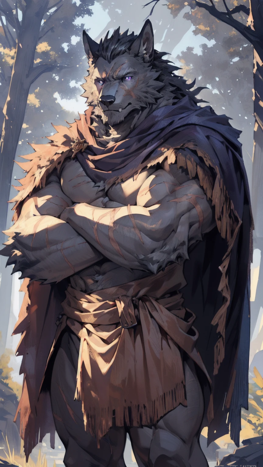 blaidd, in partial shadows, cape. 4k, high resolution, best quality, perfect colors, perfect shadows, perfect lighting, posted on e621, furry body, solo, male, adult, ???? ?????, masculine, (very muscular, buff, heavyweight, strong ?????:1.2), correct ???????, (photorealistic fur, detailed fur, epic, masterpiece:1.2), (dark fantasy world background, trees, black sky, night, cold), (by Taran Fiddler, by Chunie, by Traver009, by wfa:1.1), (??????????:1.2), (detailed eyes, purple eyes:1.2), (half body:1.1), serious face, strong posture, (large scars on body, scars on face:1.1), visible breath, ????? ?????, large ?????, big ?????, (veins, vascular:1.2), proud, soft shadows, (arms crossed:1.2), looking at viewer, messy fur, gruff