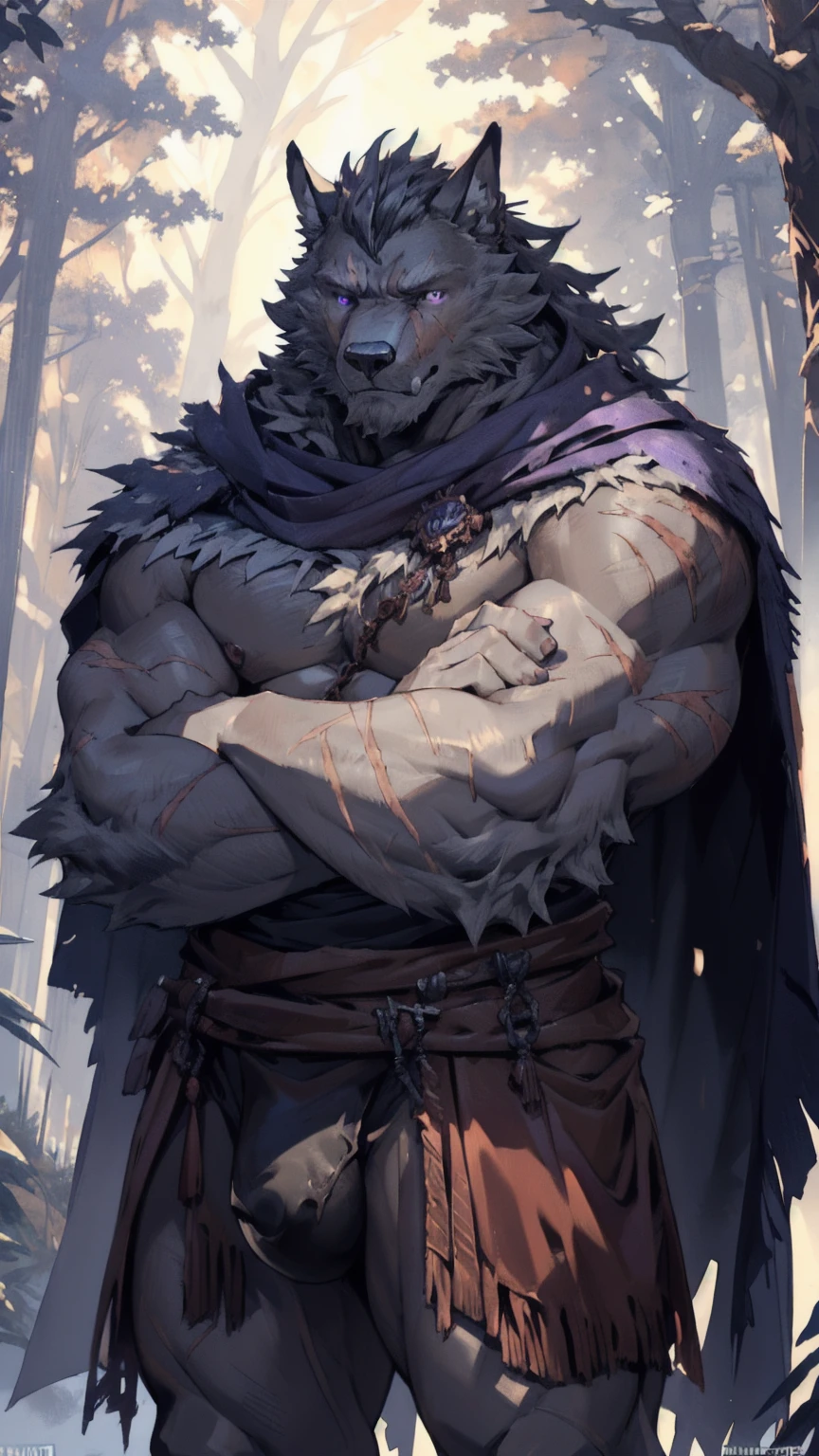 blaidd, in partial shadows, cape. 4k, high resolution, best quality, perfect colors, perfect shadows, perfect lighting, posted on e621, furry body, solo, male, adult, bare chest, masculine, (very muscular, buff, heavyweight, strong chest:1.2), correct anatomy, (photorealistic fur, detailed fur, epic, masterpiece:1.2), (dark fantasy world background, trees, black sky, night, cold), (by Taran Fiddler, by Chunie, by Traver009, by wfa:1.1), (naked body:1.2), (detailed eyes, purple eyes:1.2), (half body:1.1), serious face, strong posture, (large scars on body, scars on face:1.1), visible breath, erect penis, large penis, big penis, (veins, vascular:1.2), proud, soft shadows, (arms crossed:1.2), looking at viewer, messy fur, gruff