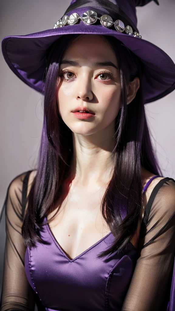 1girl, purple hair, purple witch hat, purple witch dress, portrait