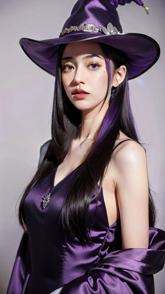 1girl, purple hair, purple witch hat, purple witch dress, portrait