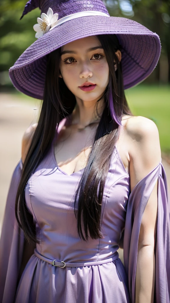 1girl, purple hair, purple witch hat, purple witch dress, portrait