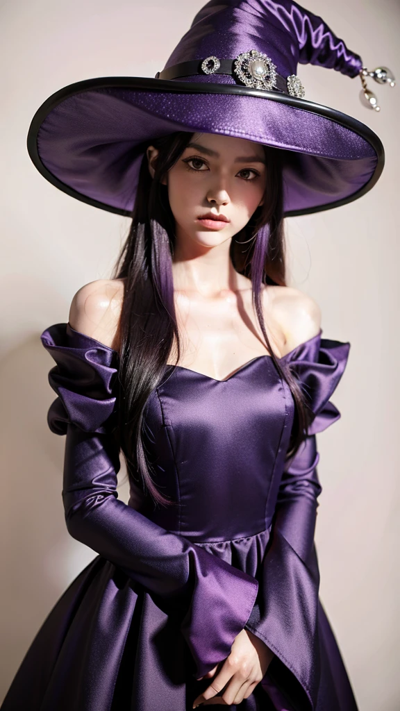 1girl, purple hair, purple witch hat, purple witch dress, portrait