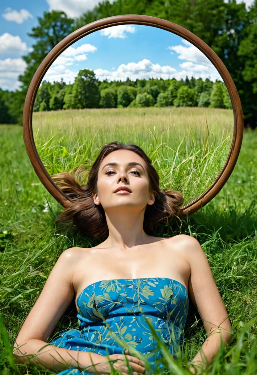 The image shows a naked woman  whit facial age of 30 years old lying on the grass in a field, looking into a round mirror. The mirror has a wooden frame and is surrounded by trees. The girl is wearing a blue dress and has her hair up. The trees in the background are green and the sky is visible.