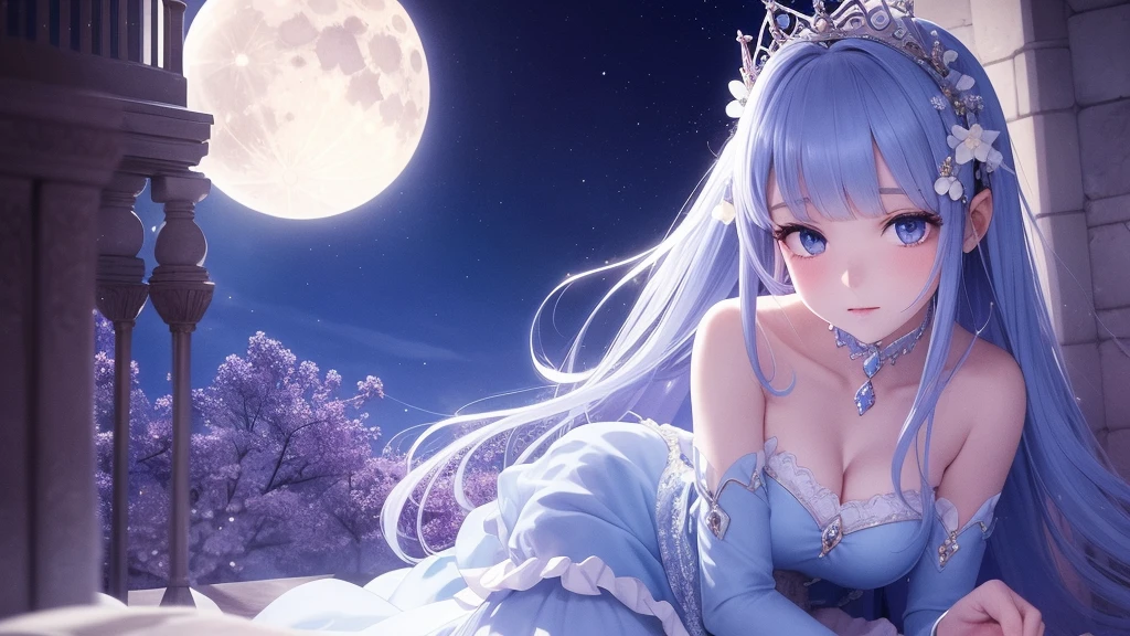 A princess with a delicate and beautiful face, large eyes, and translucent skin is looking up at the moon from a castle, enchantingly dressed in a traditional and glamorous medieval European dress and wearing a large hair ornament. A gentle, warm light surrounds the princess. The background is filled with soft out-of-focus light, and the pale blue and purple tones create a dreamy, serene, and enchanting atmosphere. Fireflies glowing in the moonlit night surround the princess, adding to the magical and ethereal atmosphere. Emphasis on the armpits