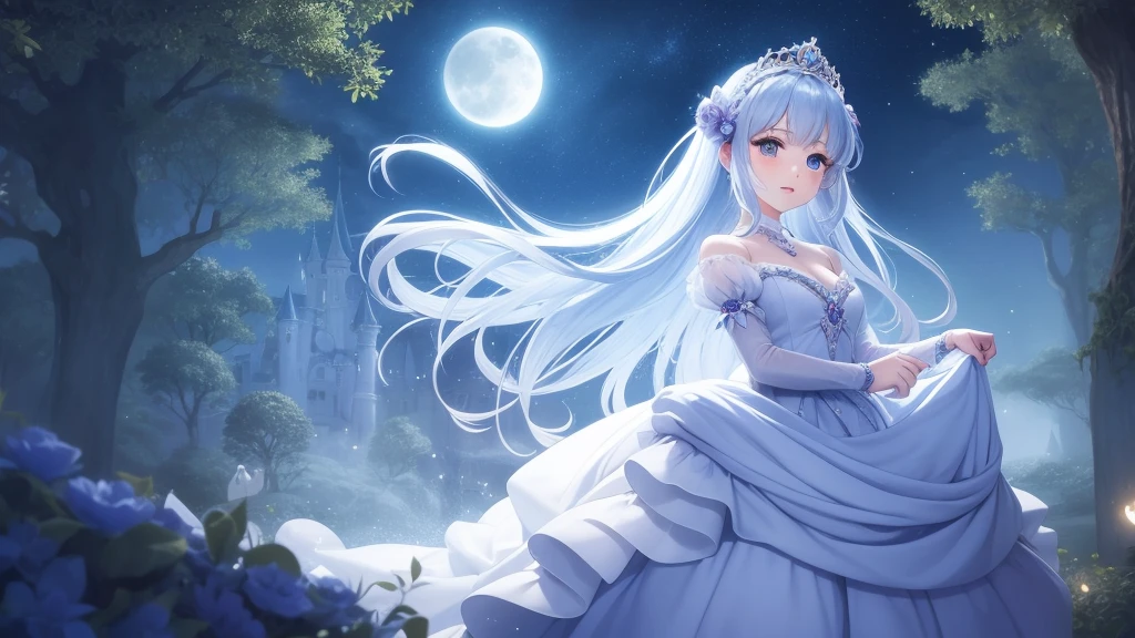 A princess with a delicate and beautiful face, large eyes, and translucent skin is looking up at the moon from a castle, enchantingly dressed in a traditional and glamorous medieval European dress and wearing a large hair ornament. A gentle, warm light surrounds the princess. The background is filled with soft out-of-focus light, and the pale blue and purple tones create a dreamy, serene, and enchanting atmosphere. Fireflies glowing in the moonlit night surround the princess, adding to the magical and ethereal atmosphere. Emphasis on the armpits