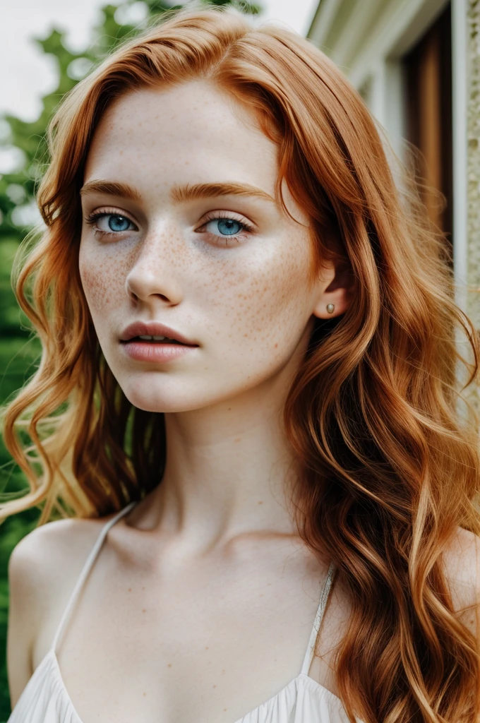 1girl in, age19, Solo, Aesthetic artwork, irish redhead, wavy ginger hair, shoulder length ginger hair, gray eyes, light grey eyes, some small freckles, pale skin, A-cup, small breasts, rough skin,runners body, (textured skin, skin pores:1.1), (moles:0.8), imperfect skin, goosebumps, model posing, modelling, in a floreal sundress , outside a italian villa, with floreal paterns, provocative,(extremely detailed 8k wallpaper) ,soft lighting, high quality, film grain, Fujifilm XT3 sharp focus, f 5.6, 24mm, High Detail, Sharp focus,(natural light), crazy details, complex details, hyperdetailed, seen from far, holding a bouquet of flowers