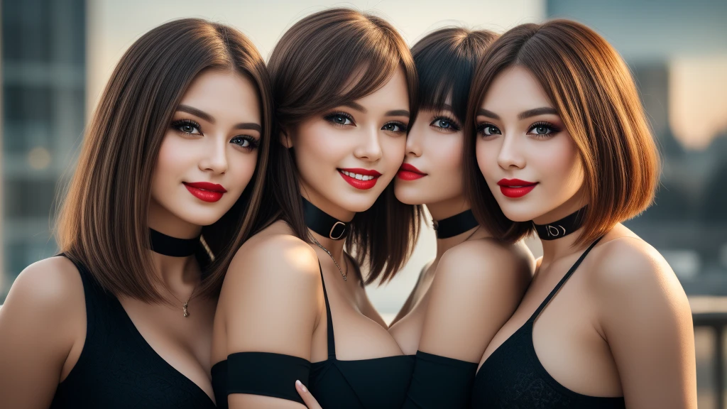 Three girls, bob_cut hair, smiling seductively, choker, (dark eyeshadow:1.1), (red lips:0.95), Sexy smile, (kissing:1.2), masterpiece,best qualtiy,hdr, hyper HD, 8K,Bokeh,Ultra-fine painting,Sharp focus,Physically-based rendering,Extreme detail description,portraitures,full-body photo, , (skin texture:1.1), (high detail face:1.1),high detail body, high detail clothes, perfect eyes, perfect hands, perfect body, perfect hair, (Big breasts:1.3), (EOS R8, 50 millimeters, F1.2, 8K, RAW photo:1.2), photograph by arny freytag