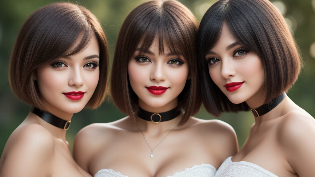 Three girls, bob_cut hair, smiling seductively, choker, (dark eyeshadow:1.1), (red lips:0.95), Sexy smile, (kissing:1.2), masterpiece,best qualtiy,hdr, hyper HD, 8K,Bokeh,Ultra-fine painting,Sharp focus,Physically-based rendering,Extreme detail description,portraitures,full-body photo, , (skin texture:1.1), (high detail face:1.1),high detail body, high detail clothes, perfect eyes, perfect hands, perfect body, perfect hair, (Big breasts:1.3), (EOS R8, 50 millimeters, F1.2, 8K, RAW photo:1.2), photograph by arny freytag