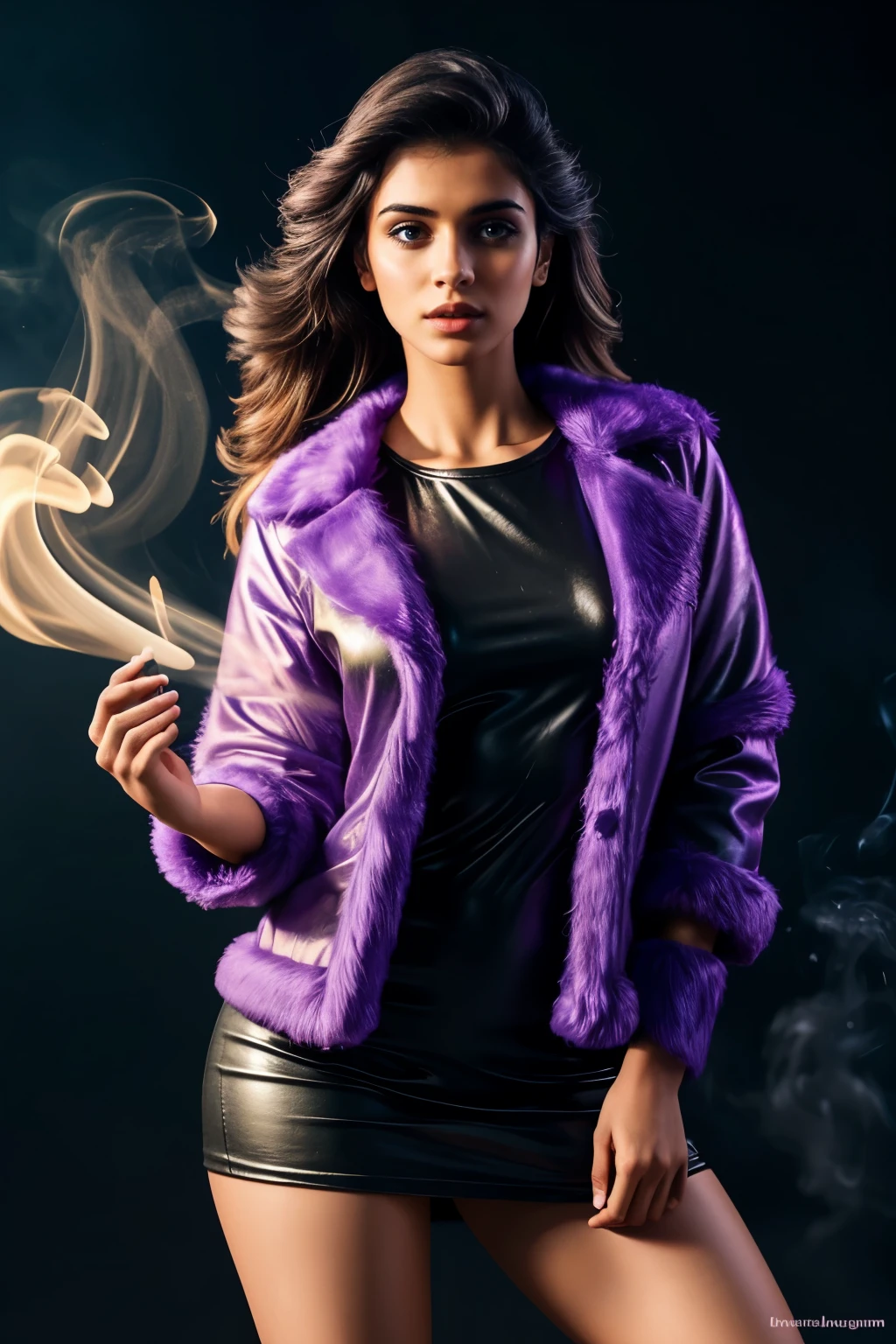 (Best quality, realistic: 1), Indian sexy Instagram model, violet furryand silky jacket, Detailed eyes and lips, Bold expression, refined, light background, Smoke effect, professional, erotic, sharp focus, volumetric light, rim light, key light, light background