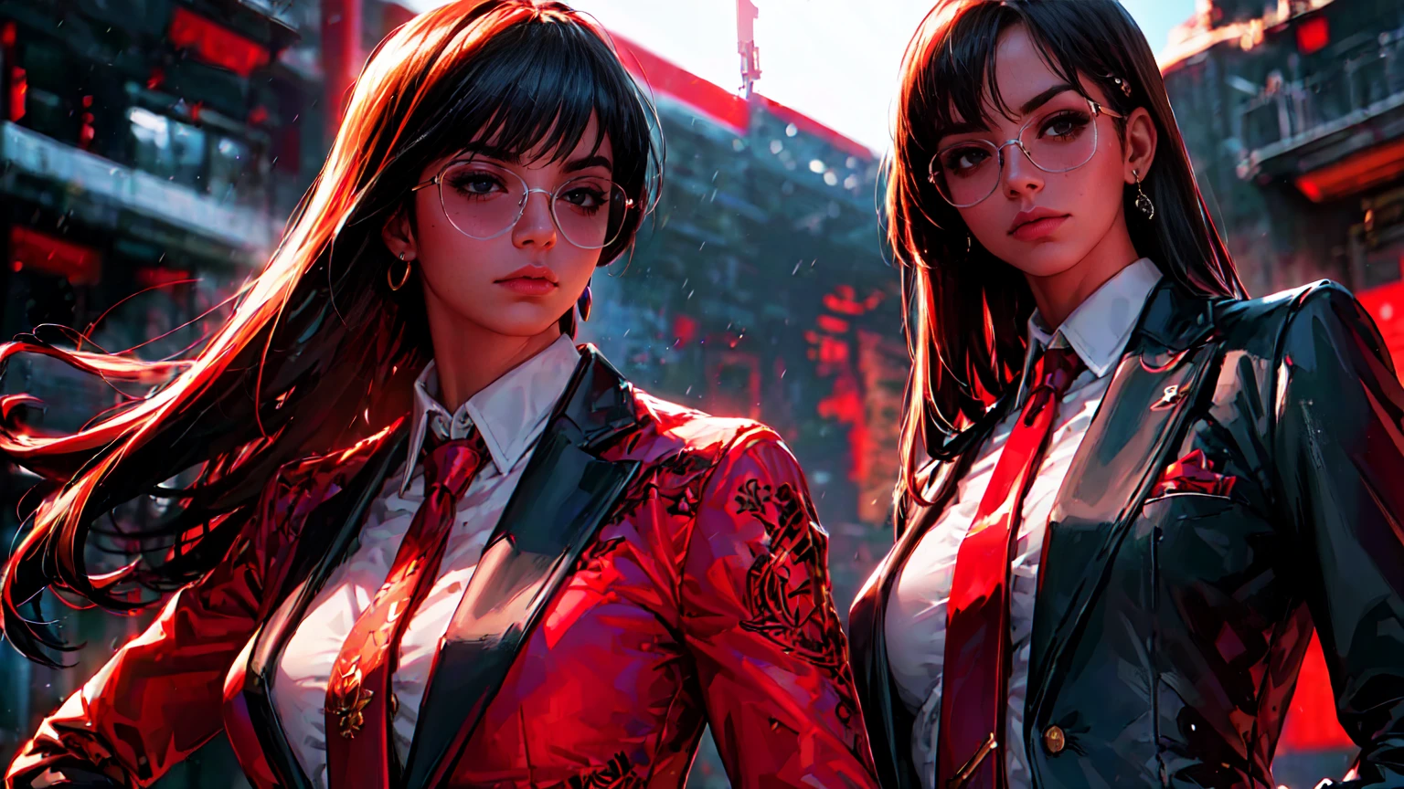 (Masterpiece, Best Quality, Ultra High Resolution)
Fancy woman, with red detailed eyes, in business suit with red tie and white shirt, dark half-rimmed aviator glasses,
The character is half-turned , looking sideways into the distance.