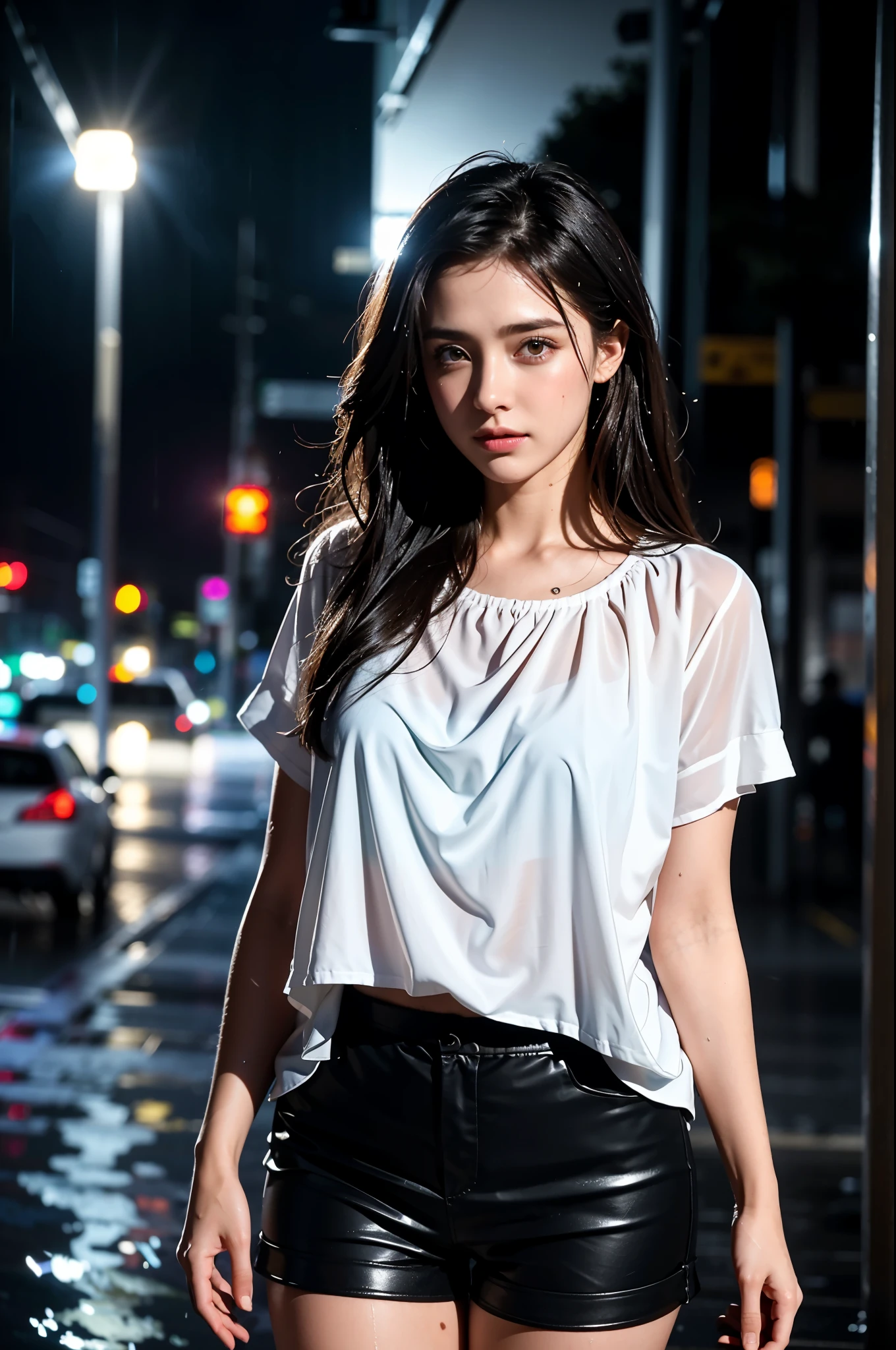 Highest quality, (photoRealistic:1.4), professional photograph, 8k, intricate composition, an extremely delicate and beautiful, ultra high res, professional cinematic lighting and shading, (Realistic image of a pretty girl very soaking wet all over, solo), ((Stormy night)), (((Heavy rainfall))), extremely pretty girl standing on the street, Amazing pretty face, Beautifully curved hourglass body shape, ((Hair flapping in the wind)), dripping wet hair, parted lips, completely drenched, (((blouse and short pants are very soaking wet))), Like a dramatic scene from a movie, extremely detailed eyes and face, eyes with beautiful details, (insanely detailed beautiful realistic skin texture), Accurate eyes, Accurate hands, Well-balanced overall body