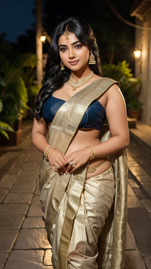 21years oid girl, black hair, walking in a moonlit courtyard, exotic girl, bbw chubby indian women, looking at the viewer, shining skin, perfect lighting, the embodiment of grace and elegance, (saree ), clear details, beautiful, detailed eyes, detailed pupil, volumetric lighting, Ultra Detailed, unity 8k wallpaper, ultra detailed, aesthetic, masterpiece, best quality, photorealistic smiling, marriage function,
