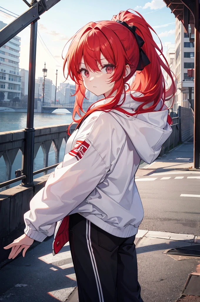 1 person, red hair, ponytail, white hair bridge, red odd eye, White Hoodie, black pants