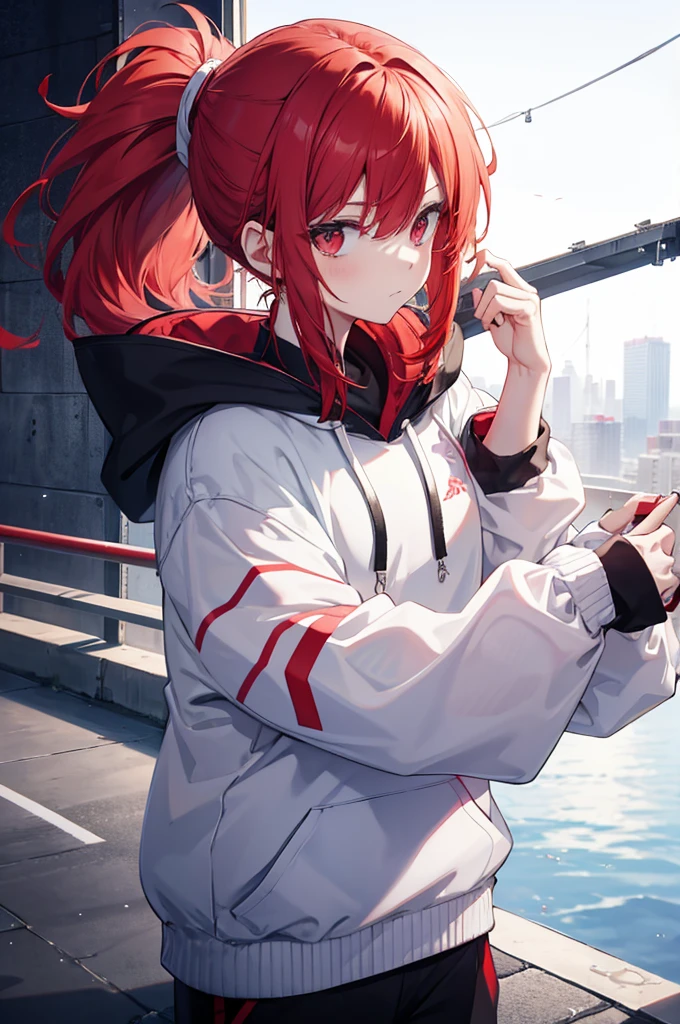 1 person, red hair, ponytail, white hair bridge, red odd eye, White Hoodie, black pants