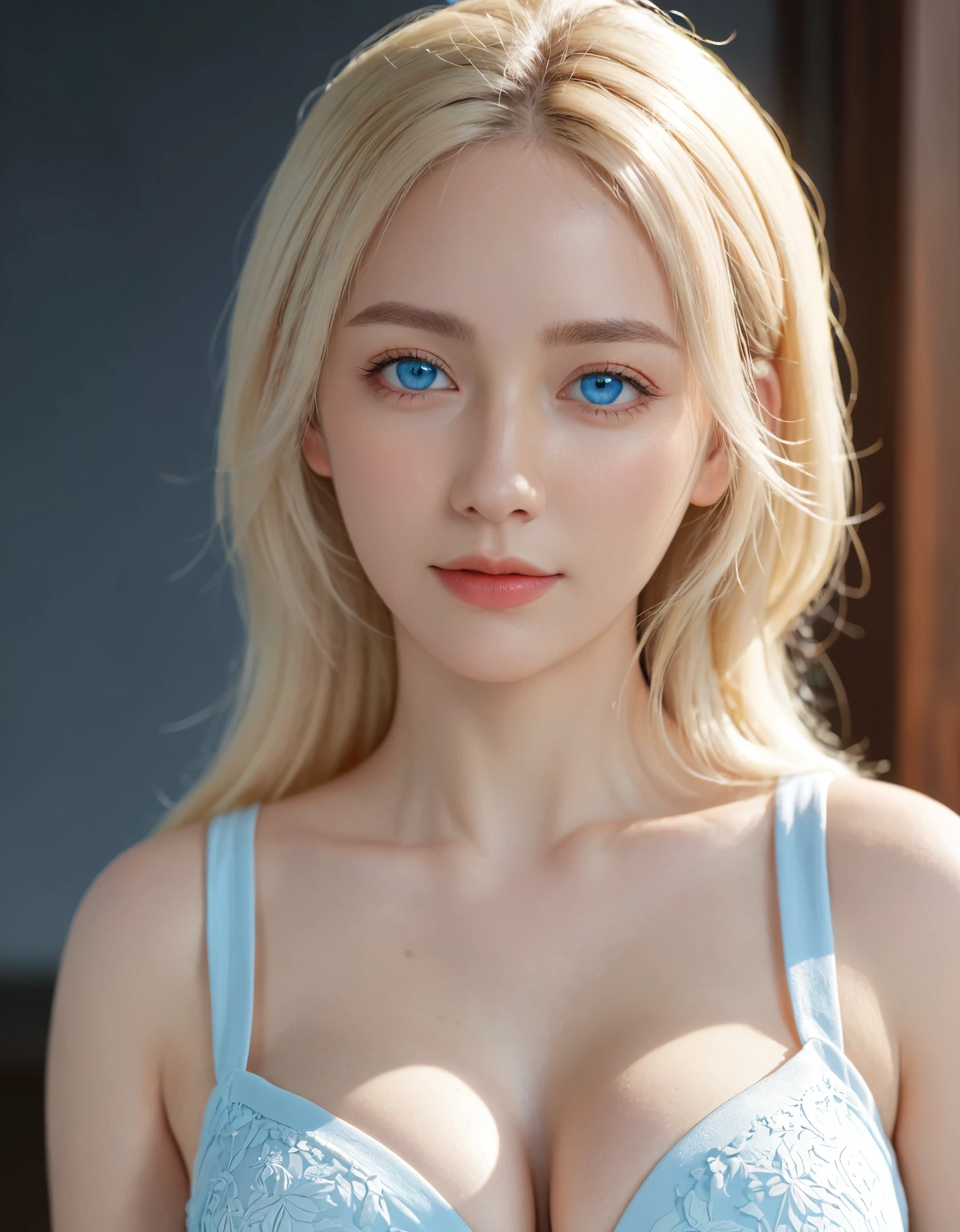 portrait, Practical, blue eyes, Blonde hair, Large Breasts, 4K resolution, High quality CG, Beautiful CG, Soft Light,