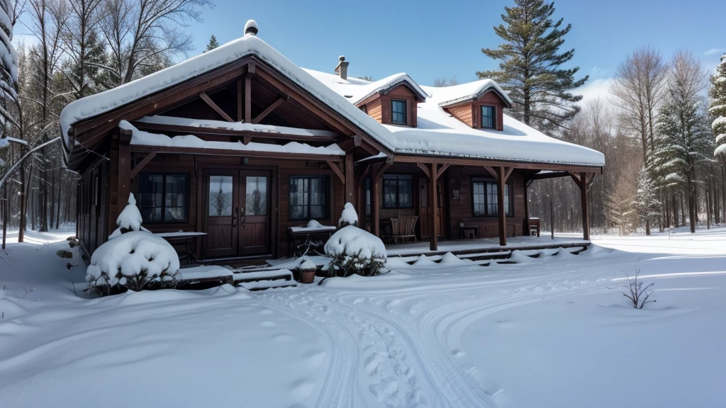 uma pequena casa num campo com pequenas quantidades de neve