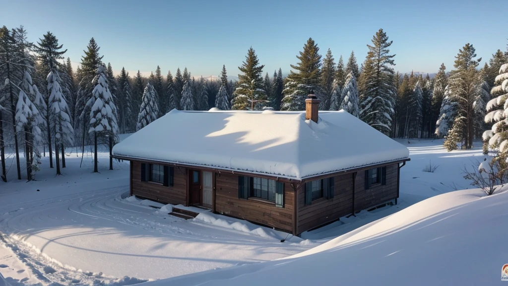 uma pequena casa num campo com pequenas quantidades de neve